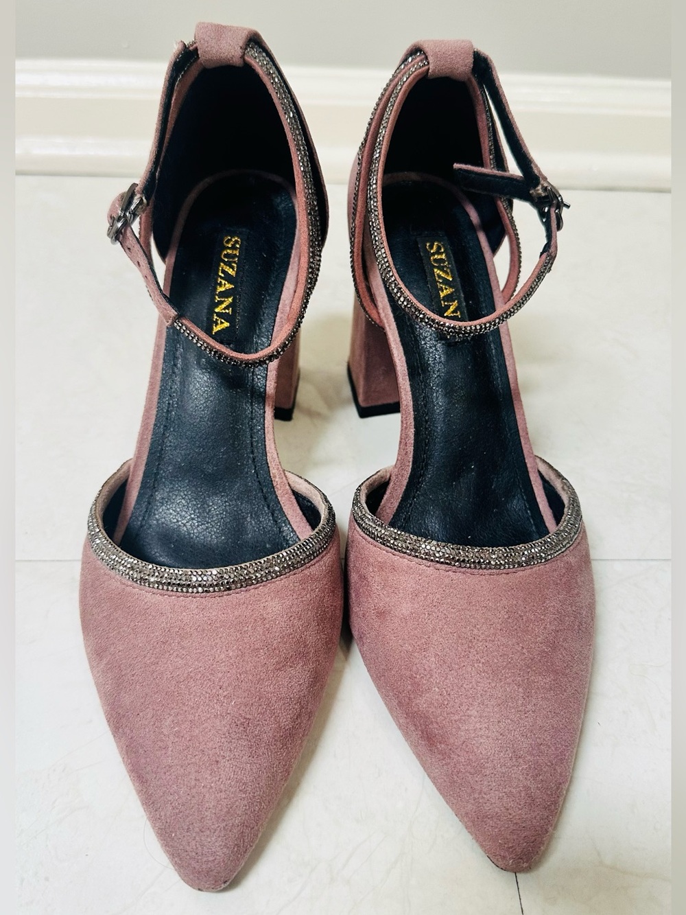 Suzana Blush Pink Suede Pointed Toe Ankle Strap Pumps